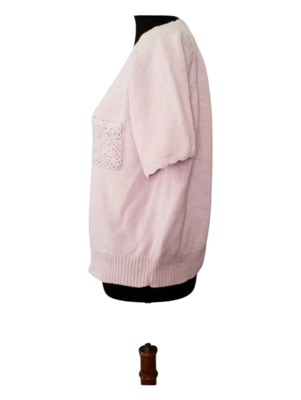 Vintage Pink Crochet Pocket Short Sleeve Sweater‎ Barbiecore